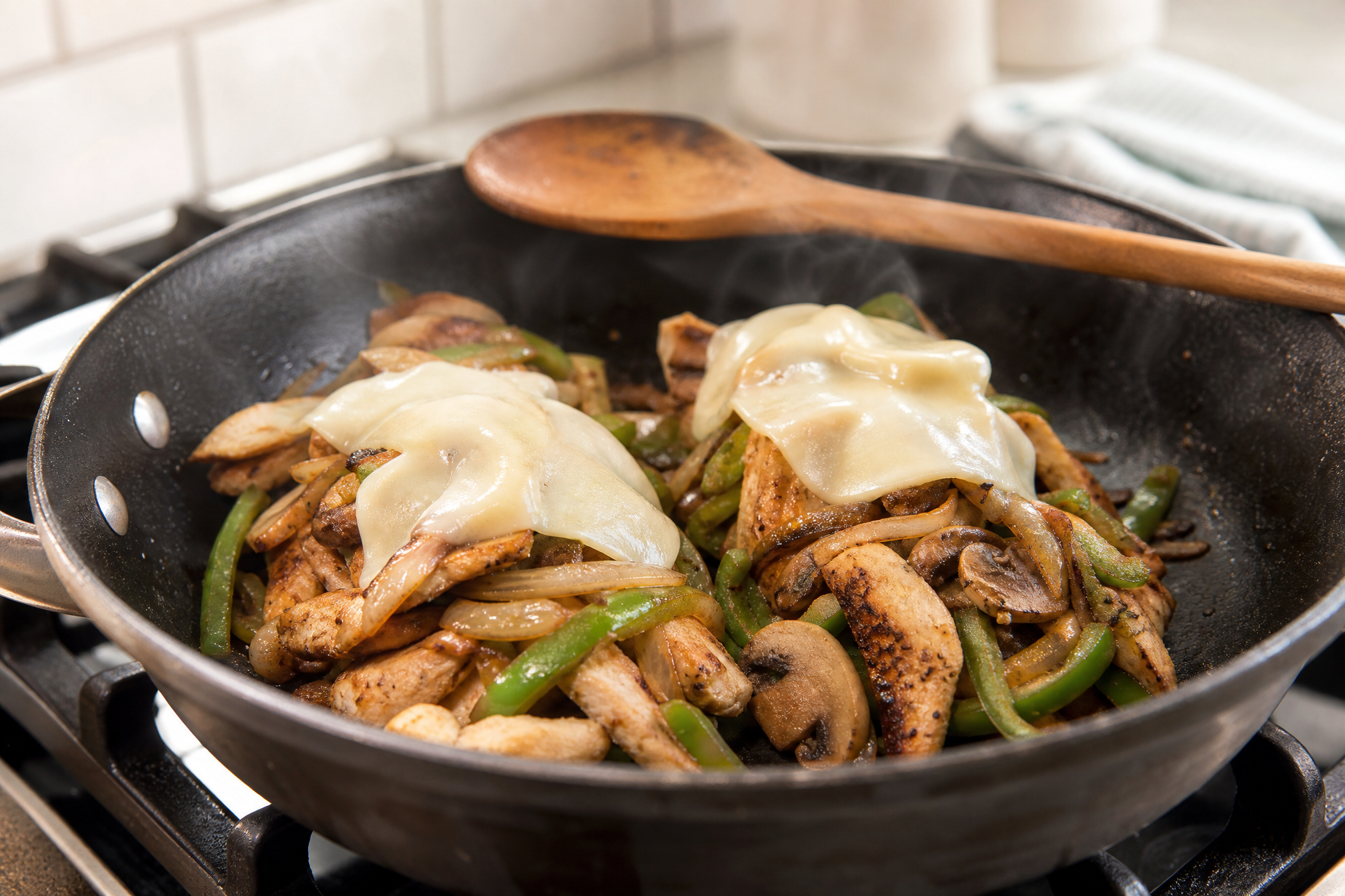 Chicken, peppers, onion, and provolone melting right in the pan. One skillet, about fifteen minutes