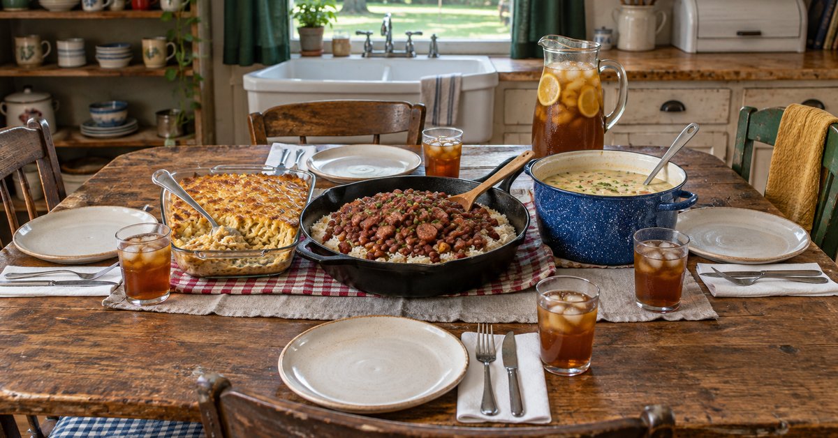 A family table set for four with a skillet of red beans and sausage over rice, a pan of tuna noodle casserole and a pot of potato soup
