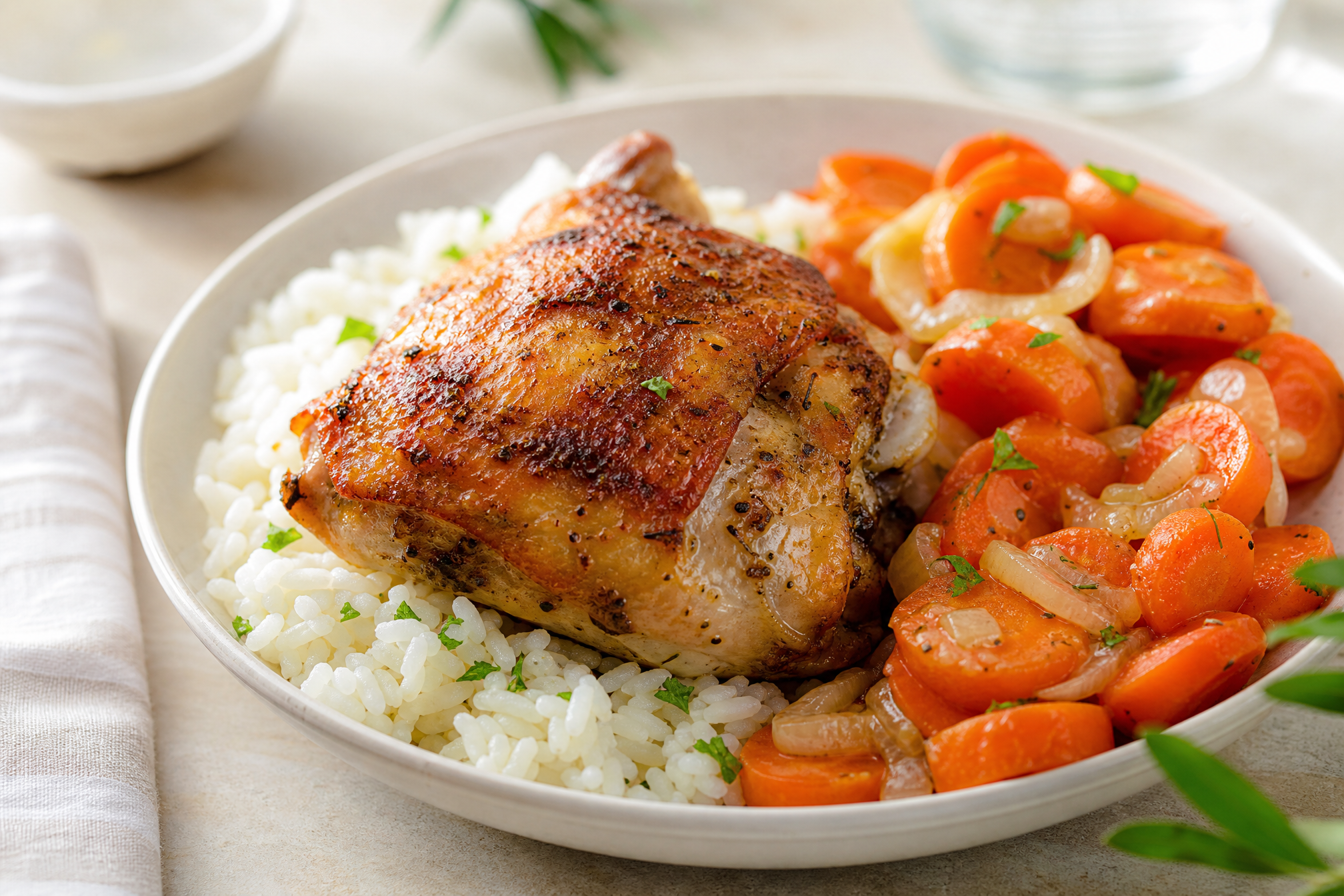 A roasted bone-in chicken thigh over white rice with buttered carrots and onions on a plate.