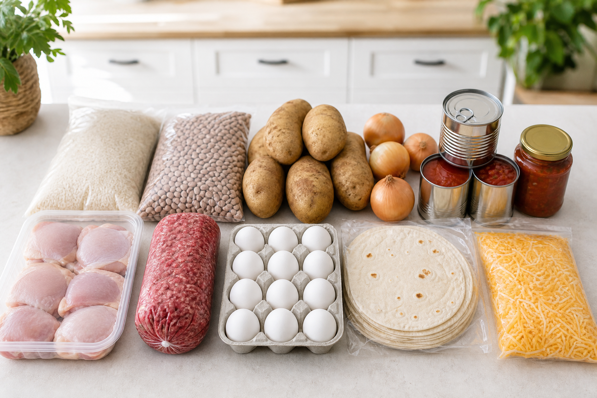 The whole $50 grocery cart laid out on a counter: chicken thighs, ground beef, rice, dried beans, potatoes, onions, eggs, tortillas, shredded cheese, canned tomatoes, and salsa.