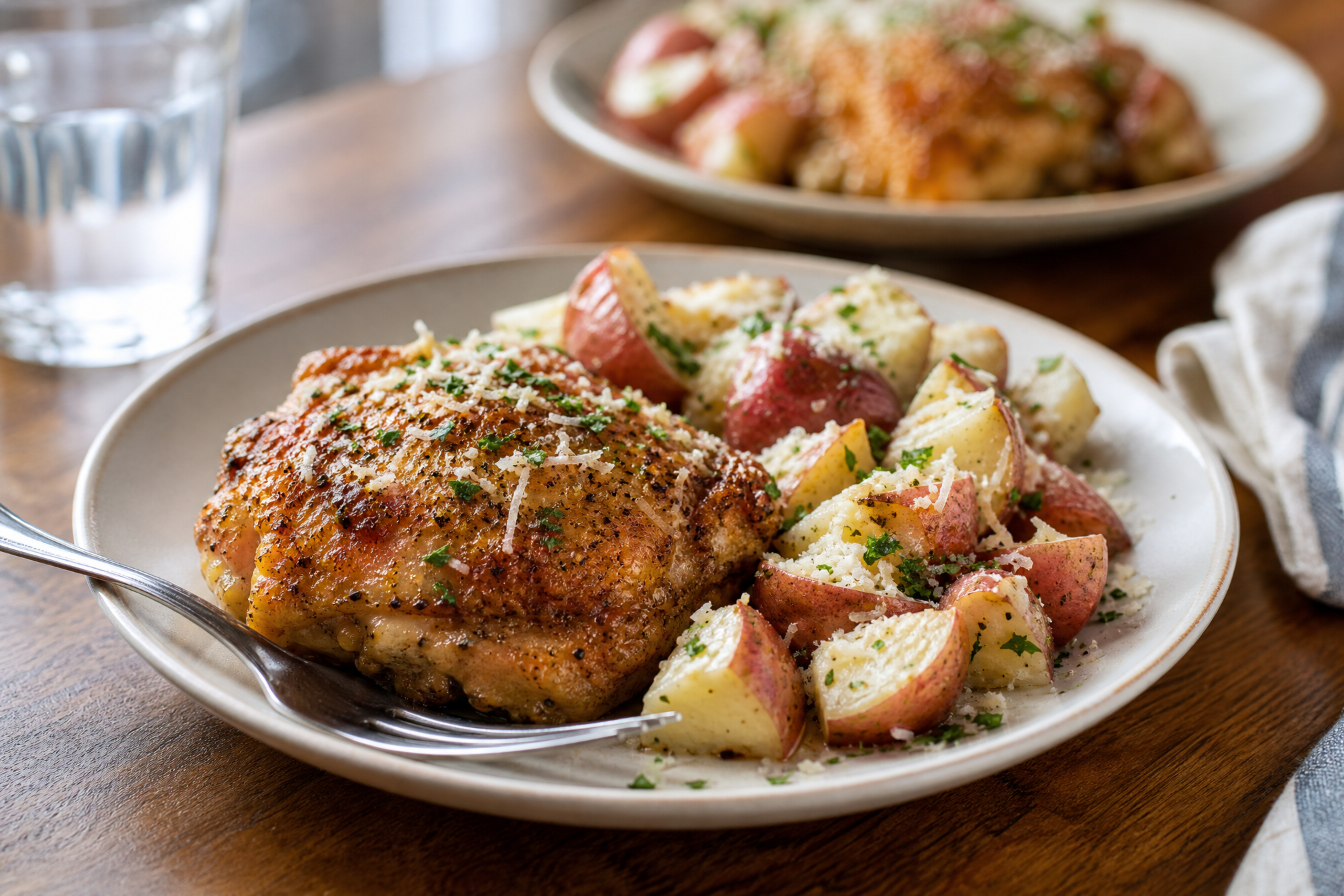 One thigh and a scoop of potatoes per plate, about a dollar thirty-five a serving