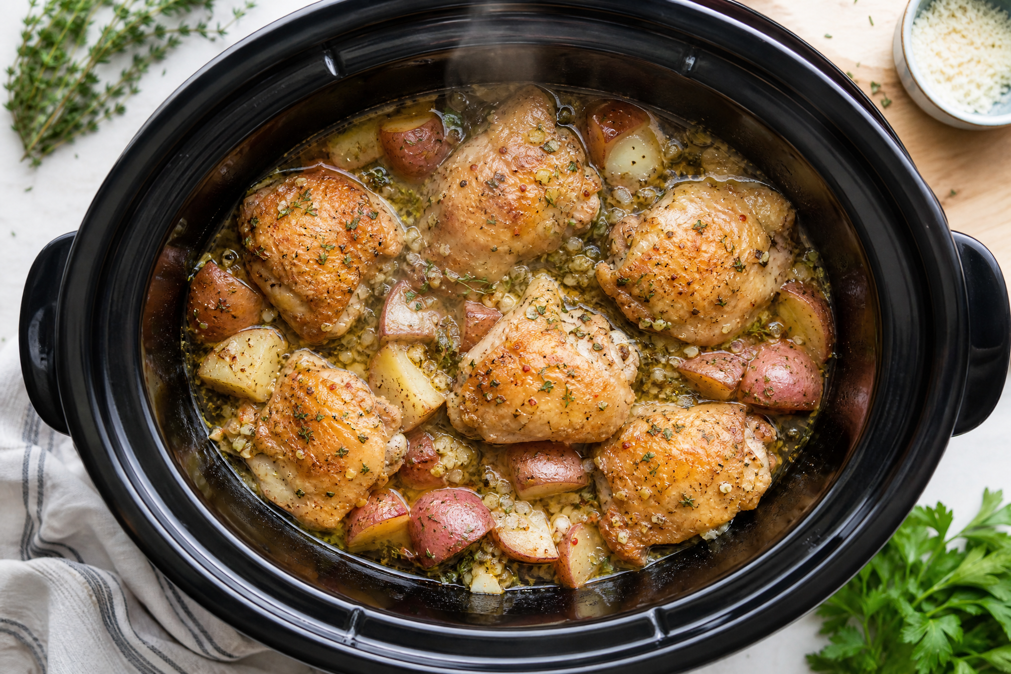 Sear the thighs, pile the potatoes underneath, and let the slow cooker do the rest of the day