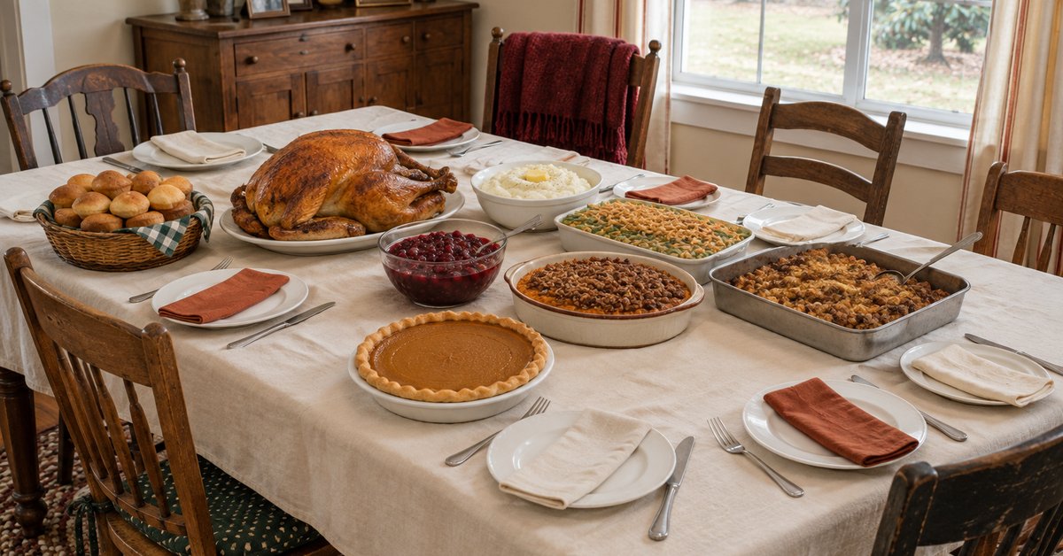 A Thanksgiving table for eight with a roast turkey, bowls of mashed potatoes, green bean casserole, stuffing, cranberry sauce, dinner rolls and a pumpkin pie