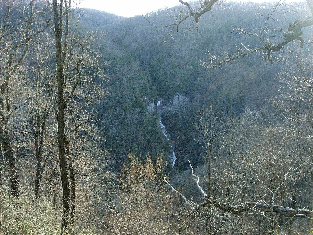 Raven Cliff Falls, a thin white ribbon of water far across a forested gorge, seen through bare winter trees