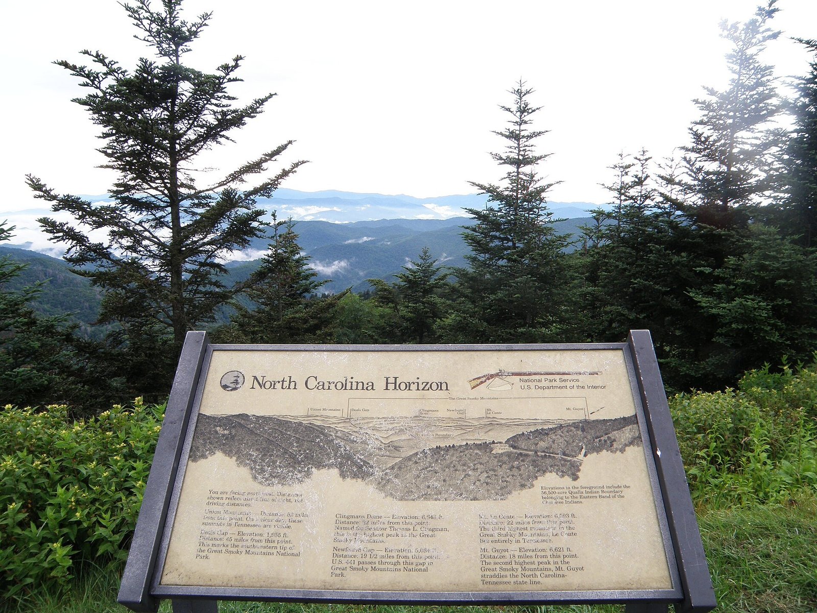 A National Park Service sign titled North Carolina Horizon in front of evergreen trees and layers of blue mountain ridges at Waterrock Knob